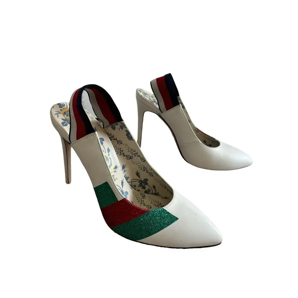 Gucci Sylvie Glitter Web Stripe Pumps EU 40.5 US 10.5 White Slingback High Heels